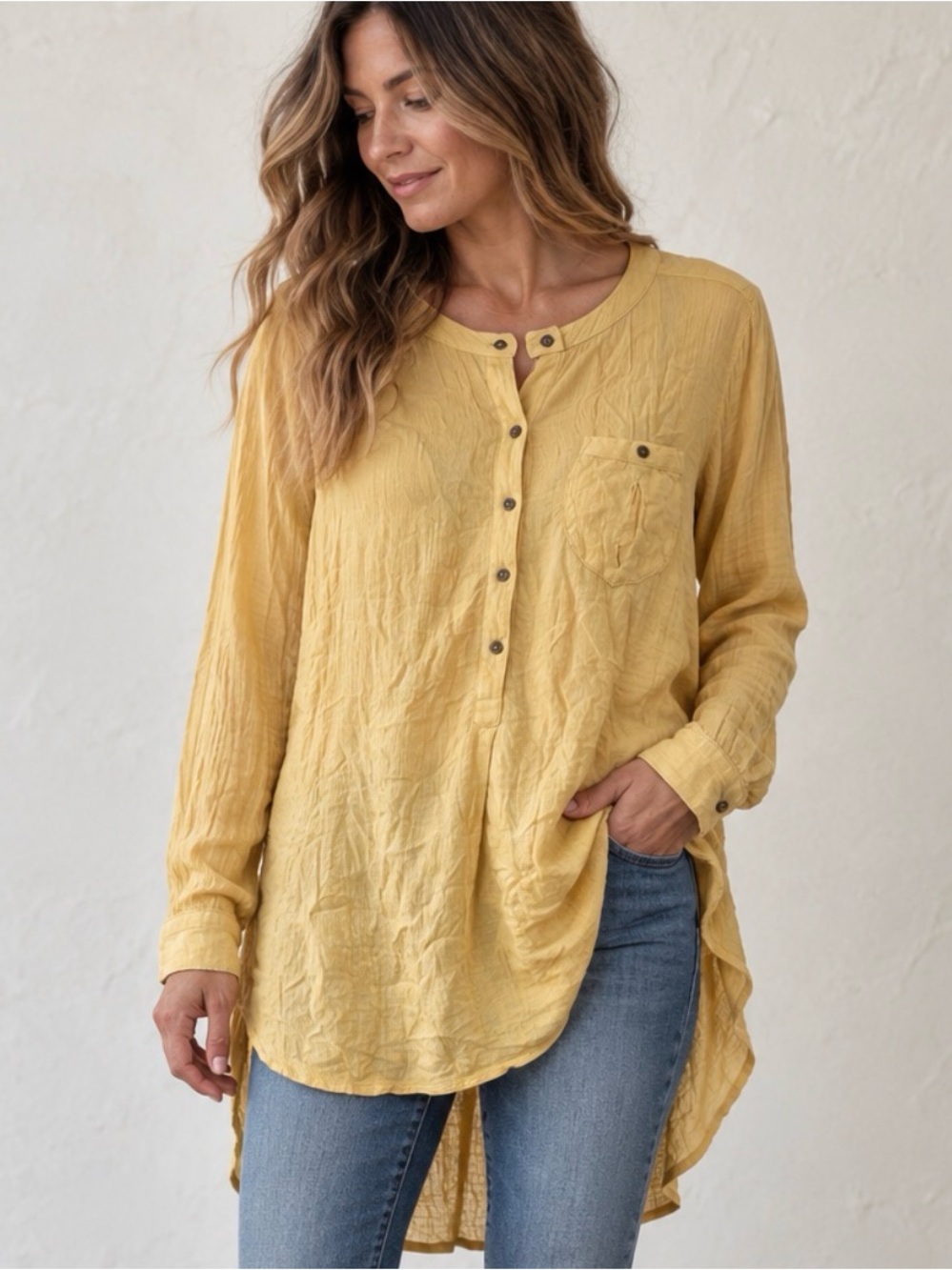 Free People Mustard Yellow Long Sleeve Henley Tunic Blouse Size M